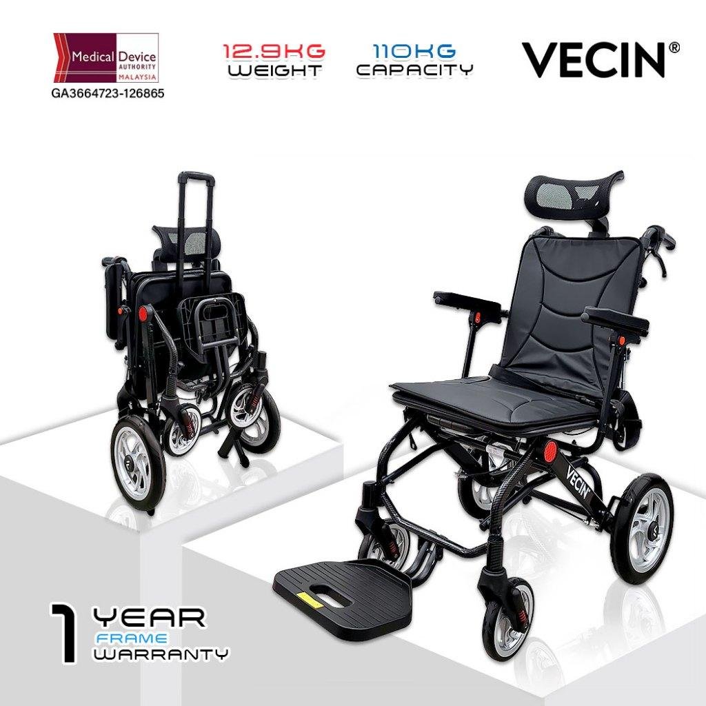 VECIN VC‑976-46LG Travel Folding Recliner Wheelchair | 12.9 kg Ultra‑Light | 5D Adjustable Headrest