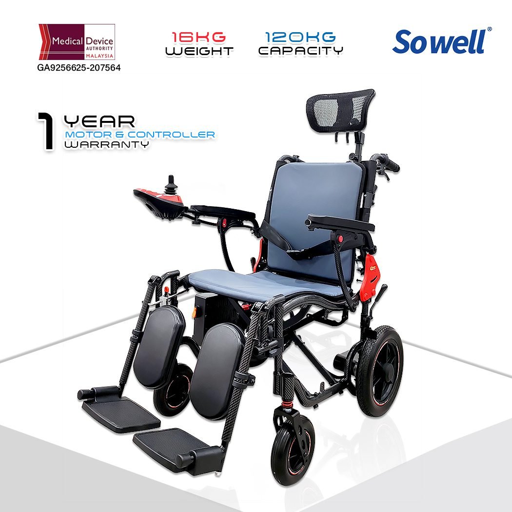𝙎𝙤𝙬𝙚𝙡𝙡 Electric Wheelchair Recline Backrest Adjustable Headrest Brake Handle Anti Fall Caster Wheelchair (SC-D500 (S))
