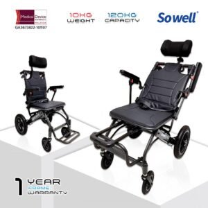 𝙎𝙤𝙬𝙚𝙡𝙡 Travelling Wheelchair 4 Adjust Recline Level Breathable Seat Flip up Armrest Lightweight Wheelchair (SC-SPW16)