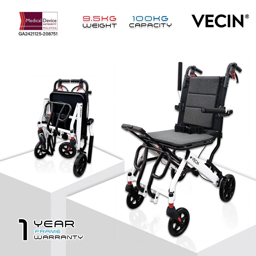 VECIN Travel Wheelchair (With Luggage Handle) DH02 – Ultra Lightweight Portable Foldable 3rd Gen
