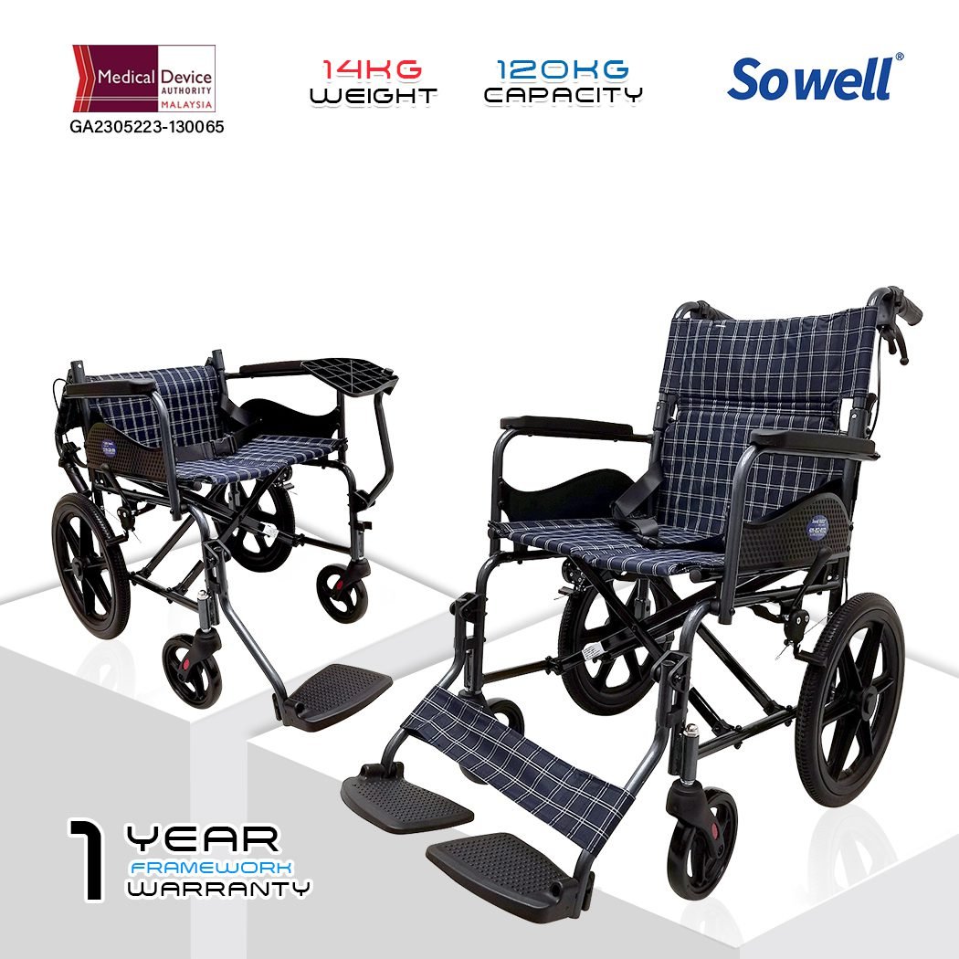 𝙎𝙤𝙬𝙚𝙡𝙡 Lightweight Transport Wheelchair Foldable Backrest Brake Handle Anti Shock Castor Wheelchair (SC-AW07)