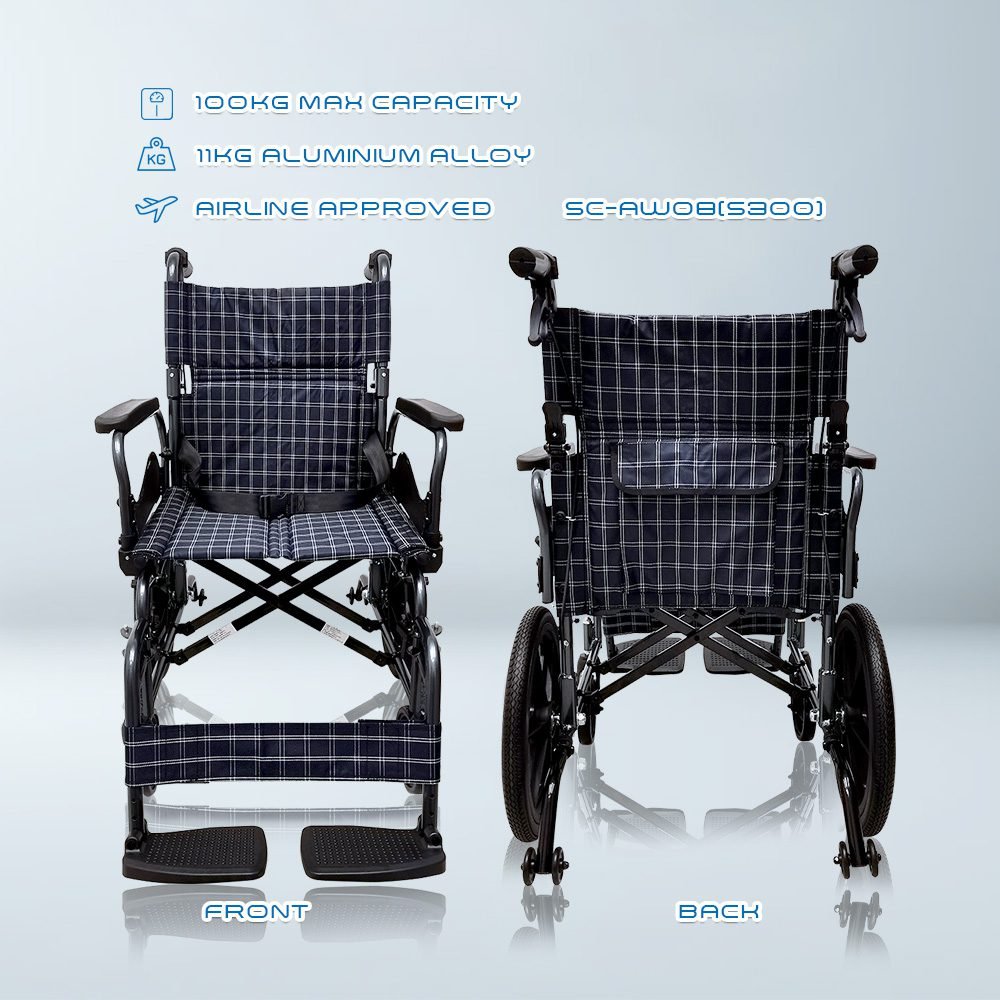 𝙎𝙤𝙬𝙚𝙡𝙡 Lightweight DAF Transport Wheelchair Flip-up Armrest Detachable Footrest Safety Belt Wheelchair SC-AW08(S300)