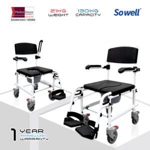 𝙎𝙤𝙬𝙚𝙡𝙡 2 IN 1 Commode Wheelchair Detachable Footrest Storage Backrest Flip up Armrest 24" Rear Wheelchair (SC-CW10 (A))