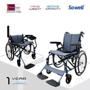 𝙎𝙤𝙬𝙚𝙡𝙡 Lightweight Wheelchair Aluminium Framework Foldable Backrest Flip up Footrest Brake Handle Wheelchair (SC-E200)