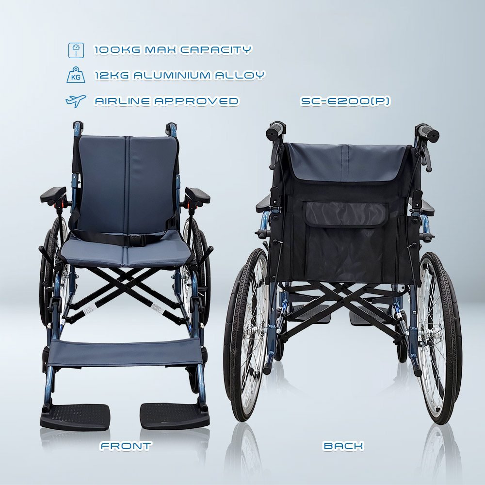 𝙎𝙤𝙬𝙚𝙡𝙡 Lightweight Wheelchair Aluminium Framework Foldable Backrest Flip up Footrest Brake Handle Wheelchair (SC-E200)