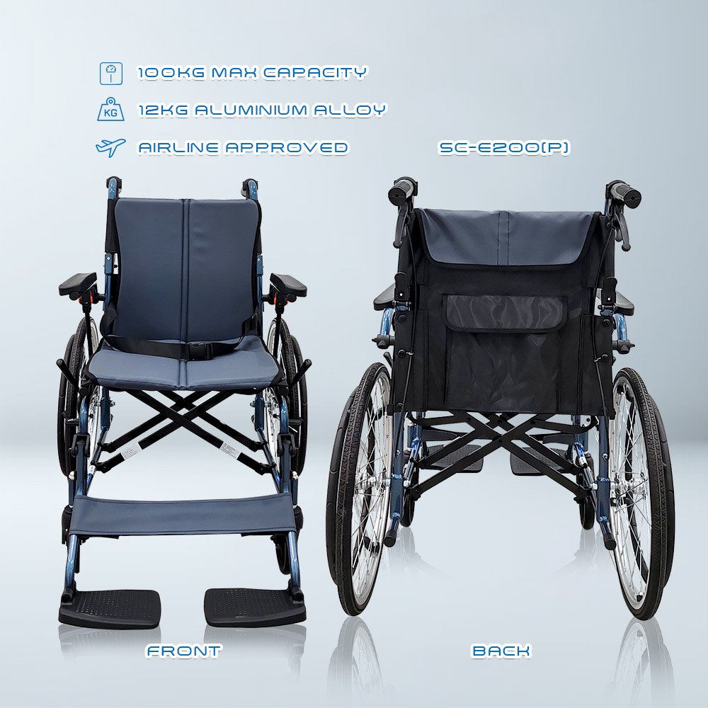 𝙎𝙤𝙬𝙚𝙡𝙡 Lightweight Wheelchair Aluminium Framework Foldable Backrest Flip up Footrest Brake Handle Wheelchair (SC-E200)