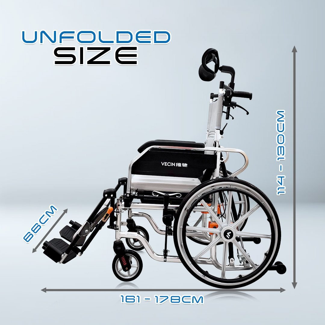 VECIN Self Reclining Deluxe Wheelchair (VC606LGC) - MDA  Aluminum Commode 5D Head Support Headrest